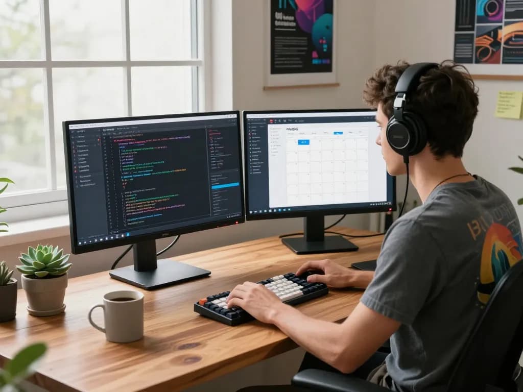 Molt bot software developer in a home office setting, using dual monitors for coding and task management.
