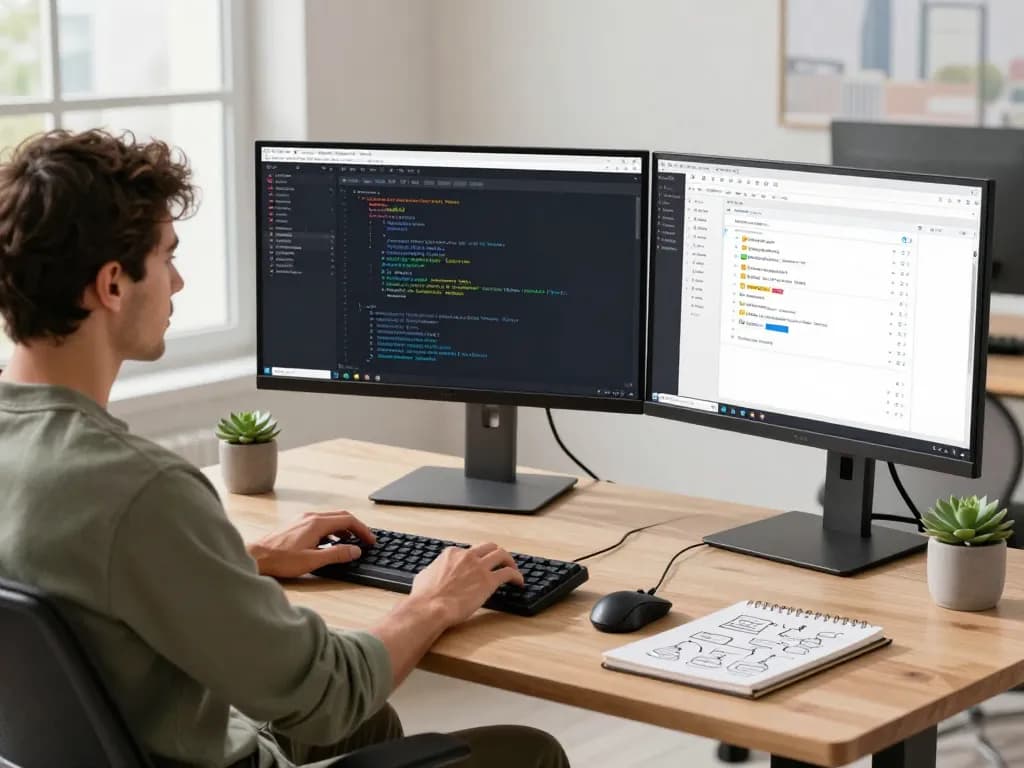 Developer using clawbot in a bright tech workspace with multiple monitors and coding tools.