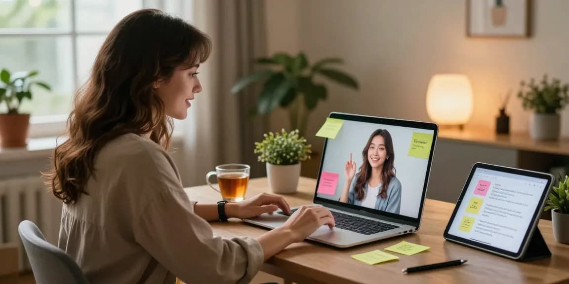 Young woman chatting with her AI girlfriend on a laptop in a cozy home office.