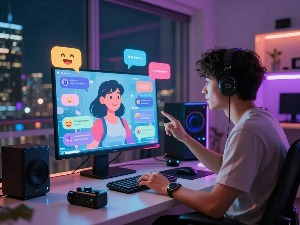 Engaging ai porn chat scene featuring user interacting with animated AI characters in a futuristic environment.