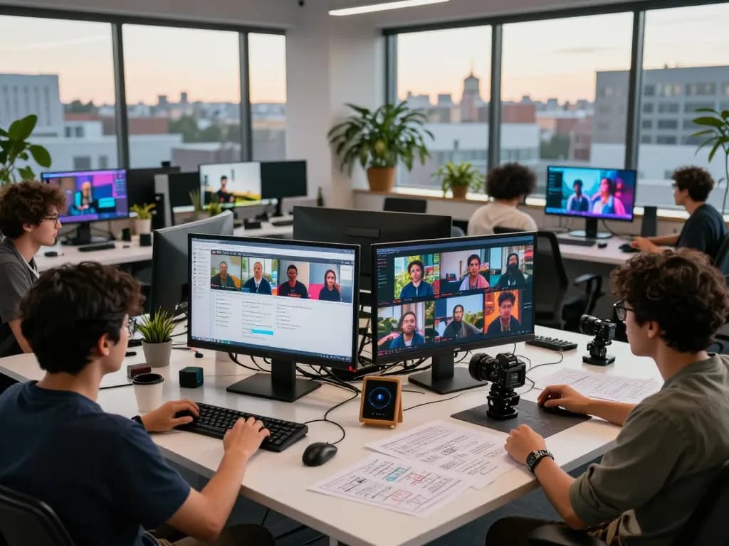 A diverse team utilizes seedance 2.0 ai in a modern video production workspace, showcasing advanced creative collaboration.