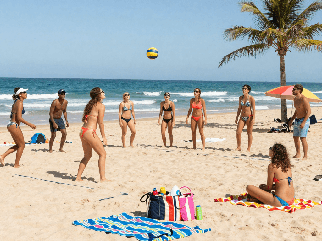 Friends wearing BIKINISLOT swimwear enjoying a lively beach volleyball game against a sunny ocean backdrop.