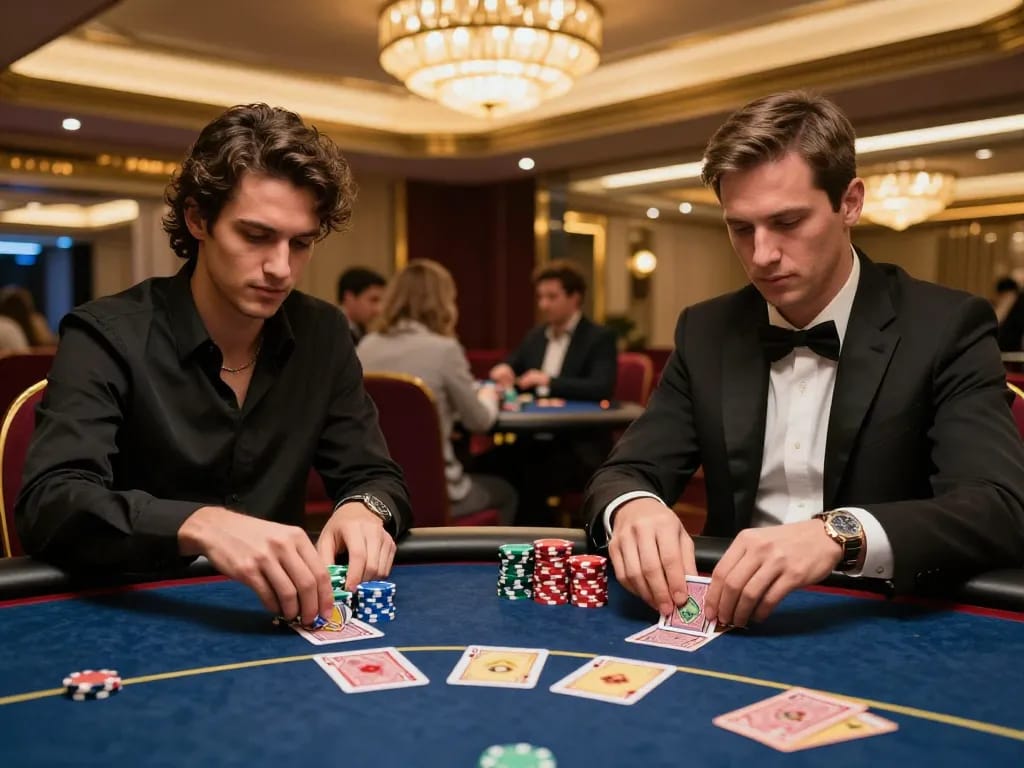 Engaged players at SC88 poker game in vibrant casino VIP area focusing on strategy and bets