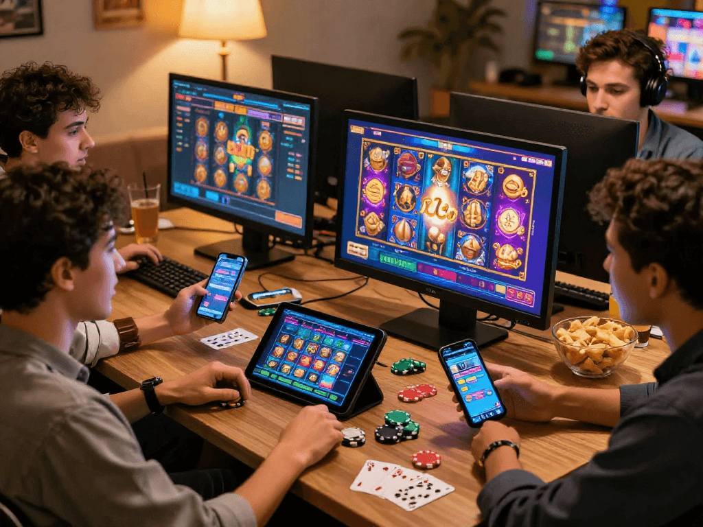 Friends enjoying a gaming session at home, exploring non GamStop casinos with exciting slot games and features