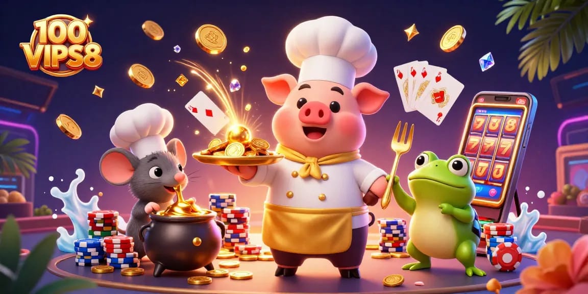 Enjoy thrilling casino experiences with 100VIPS8, featuring a pig chef serving gold coins amidst dazzling game elements.