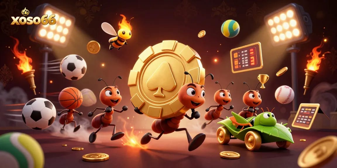 Join the action at xoso66 as ants execute a heist carrying a giant poker chip amidst dynamic sports elements.