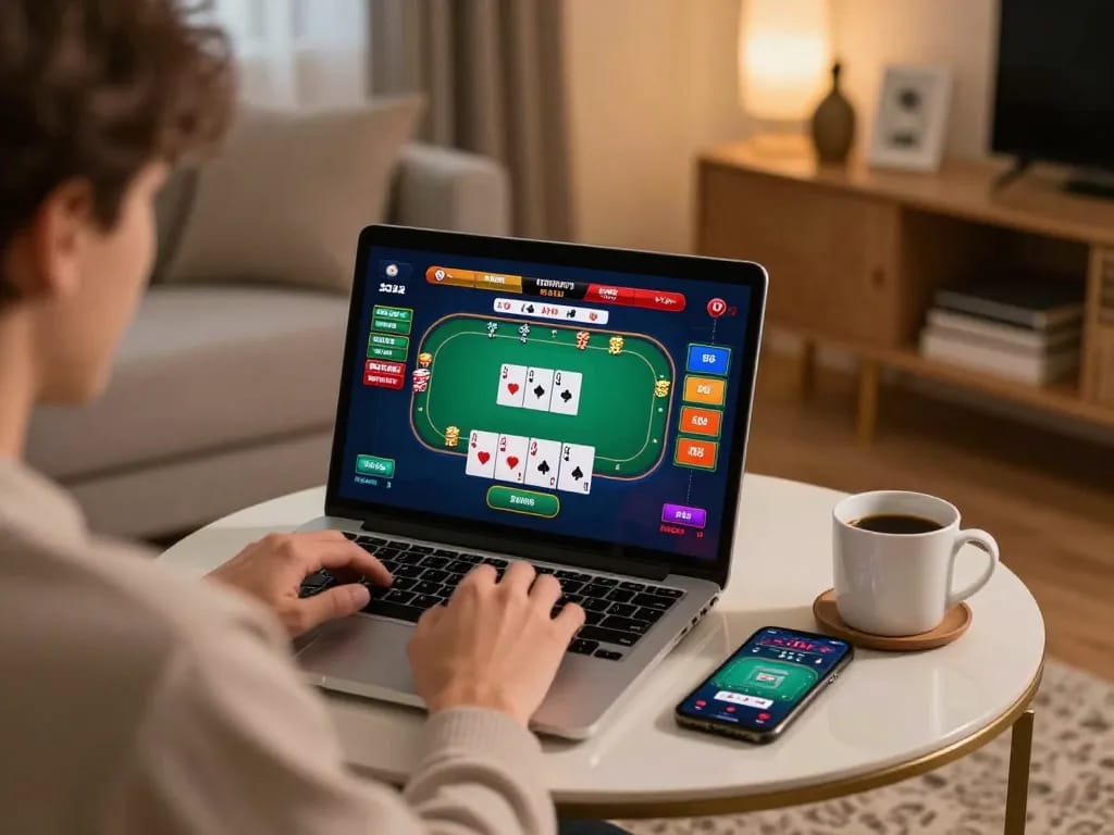 Engaged player using tt88 online casino app on laptop, showcasing exciting poker gameplay.