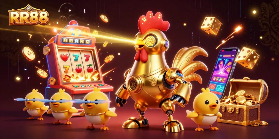 Experience RR88’s vibrant casino action with a retro-futuristic rooster robot!