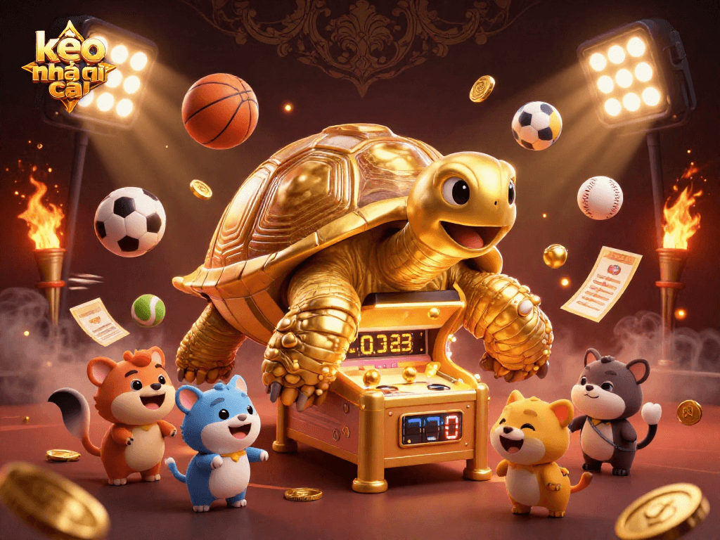 Engage in kèo nhà cái excitement with vibrant 3D cartoon illustration featuring a golden tortoise pinball machine.