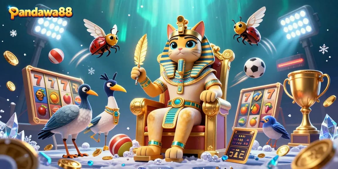 Engage with exciting slots at pandawa88, featuring 3D visuals of a pharaoh cat amidst golden gaming elements.