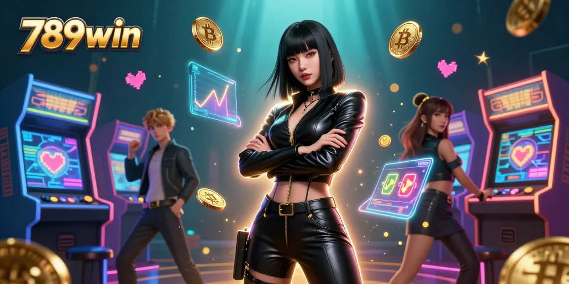 Experience the excitement of 789win with our stunning visual of an Asian woman in a futuristic casino setting.