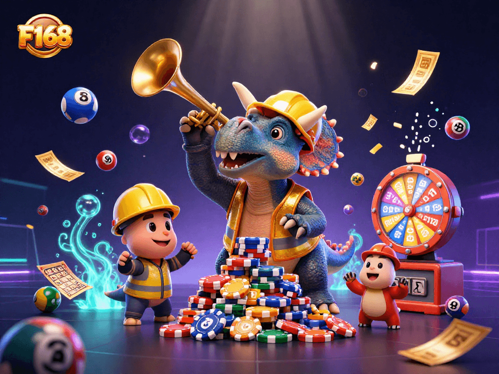 Experience F168 excitement as triceratops builds poker chip pyramid surrounded by vibrant lottery elements