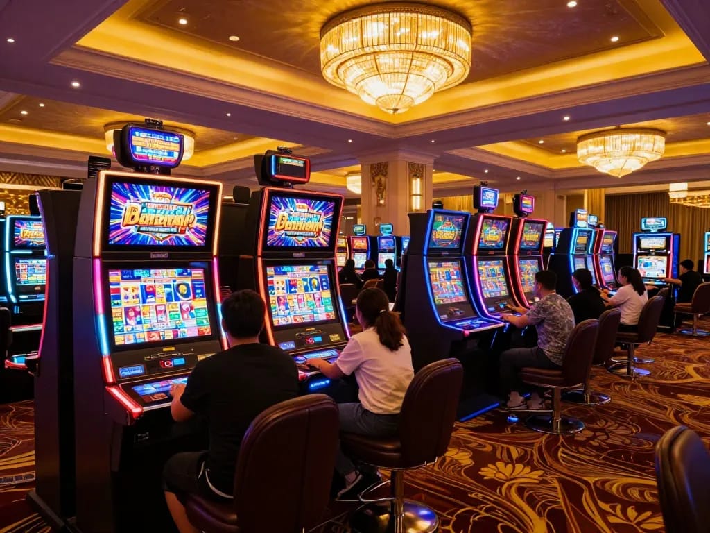 Players enjoying vibrant slot machines at lu88 casino with dynamic lighting and engaging atmosphere.