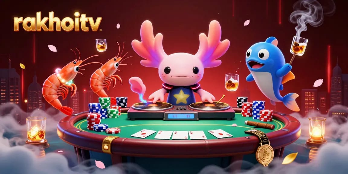 Experience rakhoitv's vibrant casino fantasy with a neon axolotl DJ spinning in a dynamic underwater poker scene.