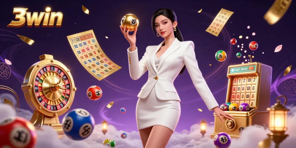 Engage with 3win in a vibrant casino scene showcasing dynamic lottery and gaming elements.