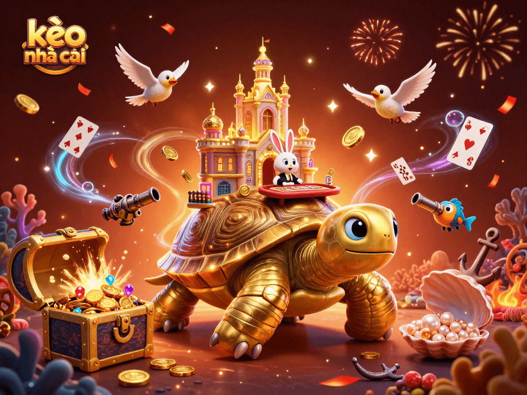Engage with kèo nhà cái as a golden tortoise hosts a lively card game with sparkling treasures.
