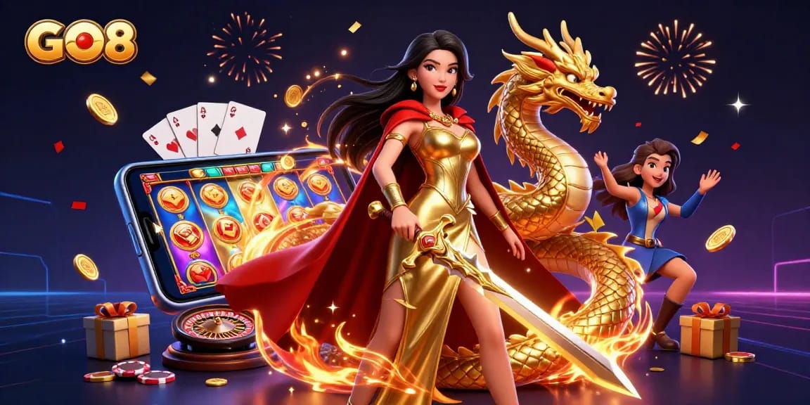 Engage in thrilling gameplay at GO8 with stunning visuals of a warrior queen and casino elements.