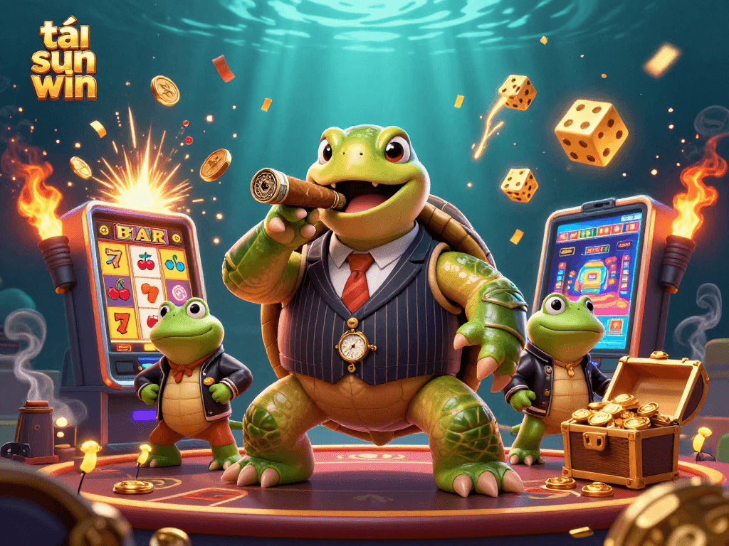 Tải sun win with a cartoon snapping turtle in a casino setting featuring vibrant game elements.