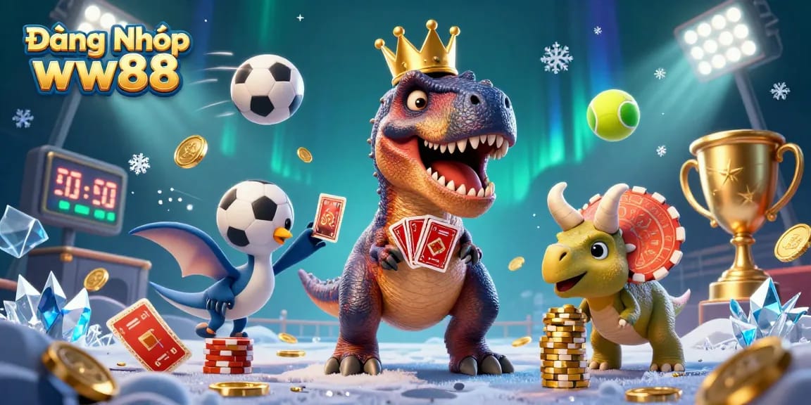 Join the excitement at Đăng Nhập ww88 with T-Rex shuffling cards in this vibrant casino scene!