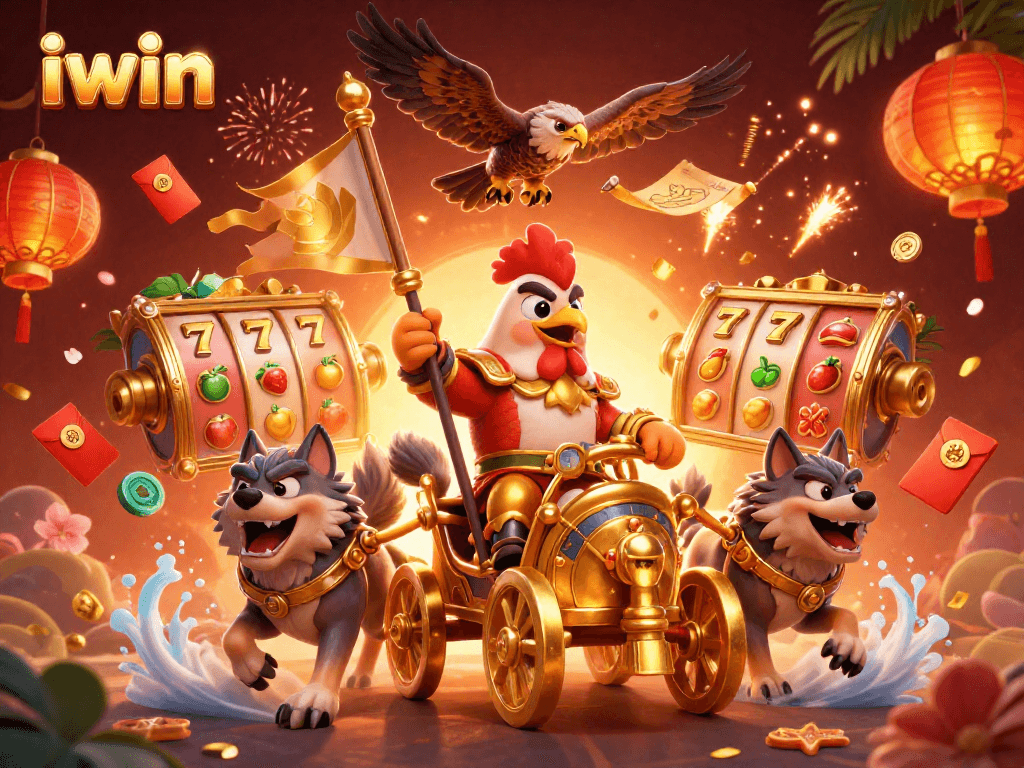 Play iwin with a vibrant 3D scene of a rooster warlord and dynamic casino elements