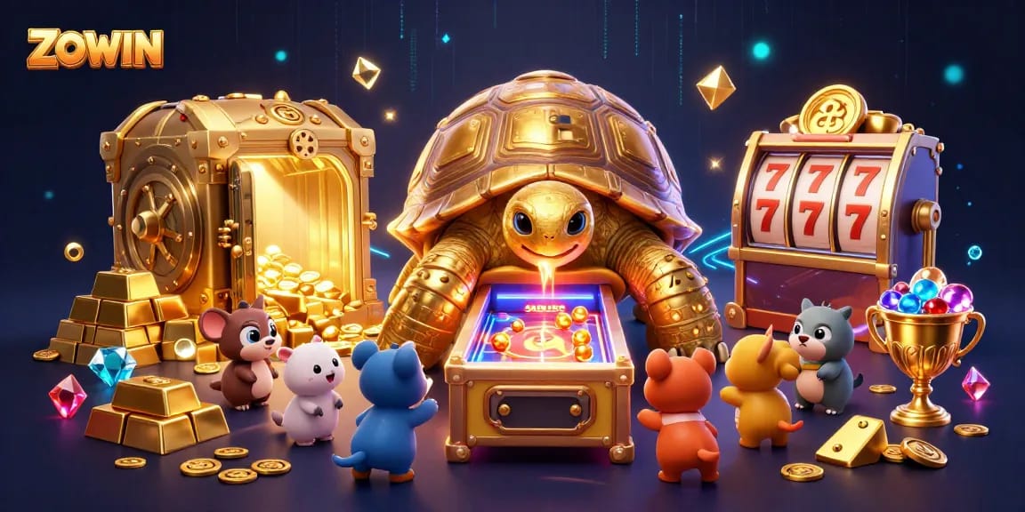 ZOWIN invites gamblers to a vibrant game scene with a golden tortoise pinball machine.