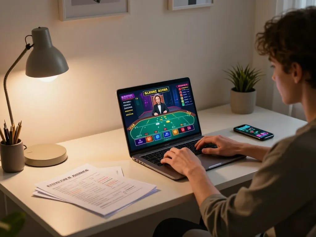 Cá cược Vin88 player using laptop for live dealer poker, demonstrating online gaming excitement