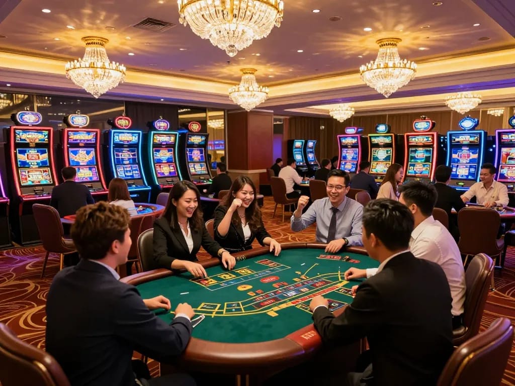 Cá cược Say88 players experiencing the thrill of gambling at an upscale casino.