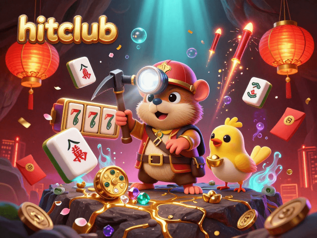 Engage with hitclub's vibrant gaming world featuring a treasure hunter mole and slot elements in a stunning 3D illustration.