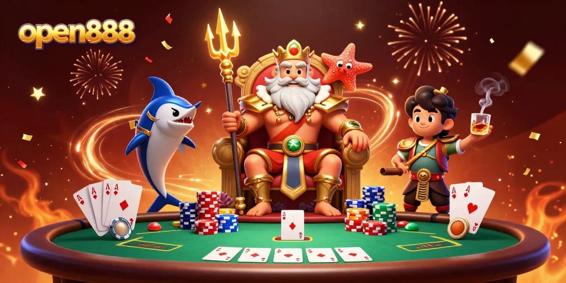 Experience the excitement of open888 with Neptune and poker elements in a vibrant celebration scene.