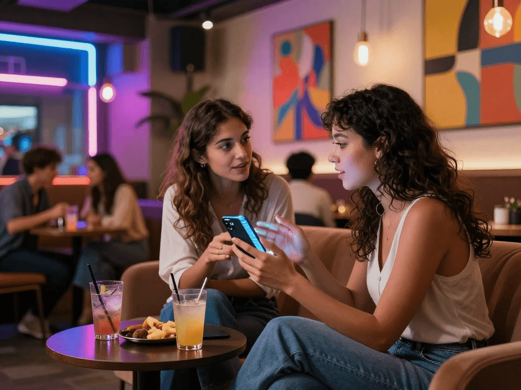 Couple engaging in AI chat porn discussion at a vibrant lounge, illuminated by neon lights.