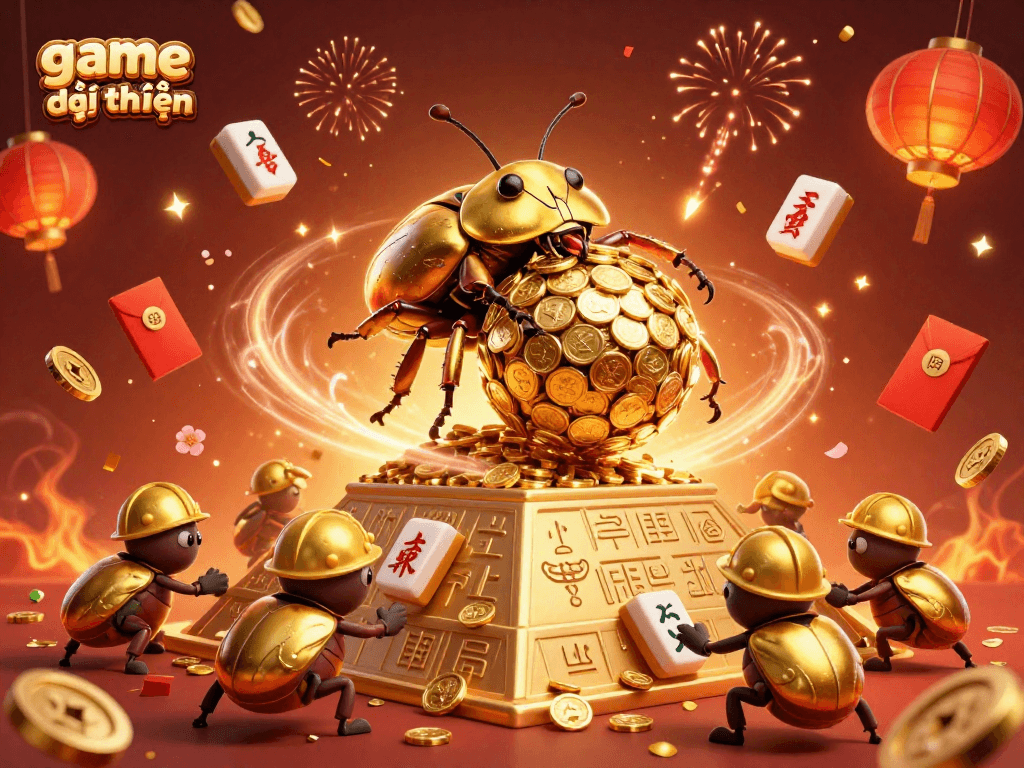 Exciting game đổi thưởng scene with golden dung beetles and casino-themed elements.