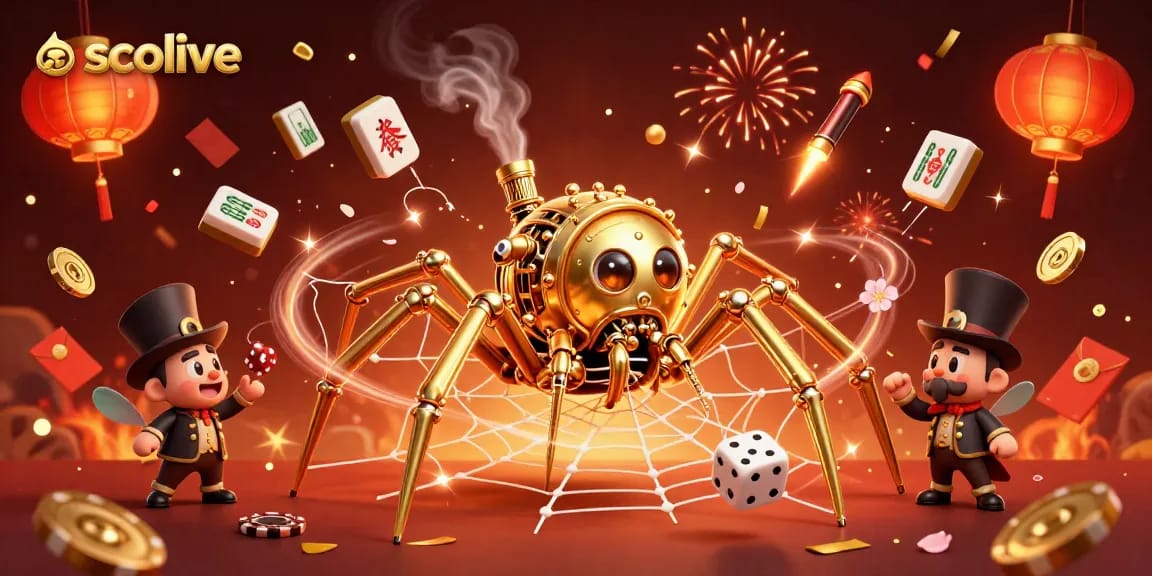 Socolive captivates with a vibrant 3D scene featuring a golden spider and amusing elements from gambling.