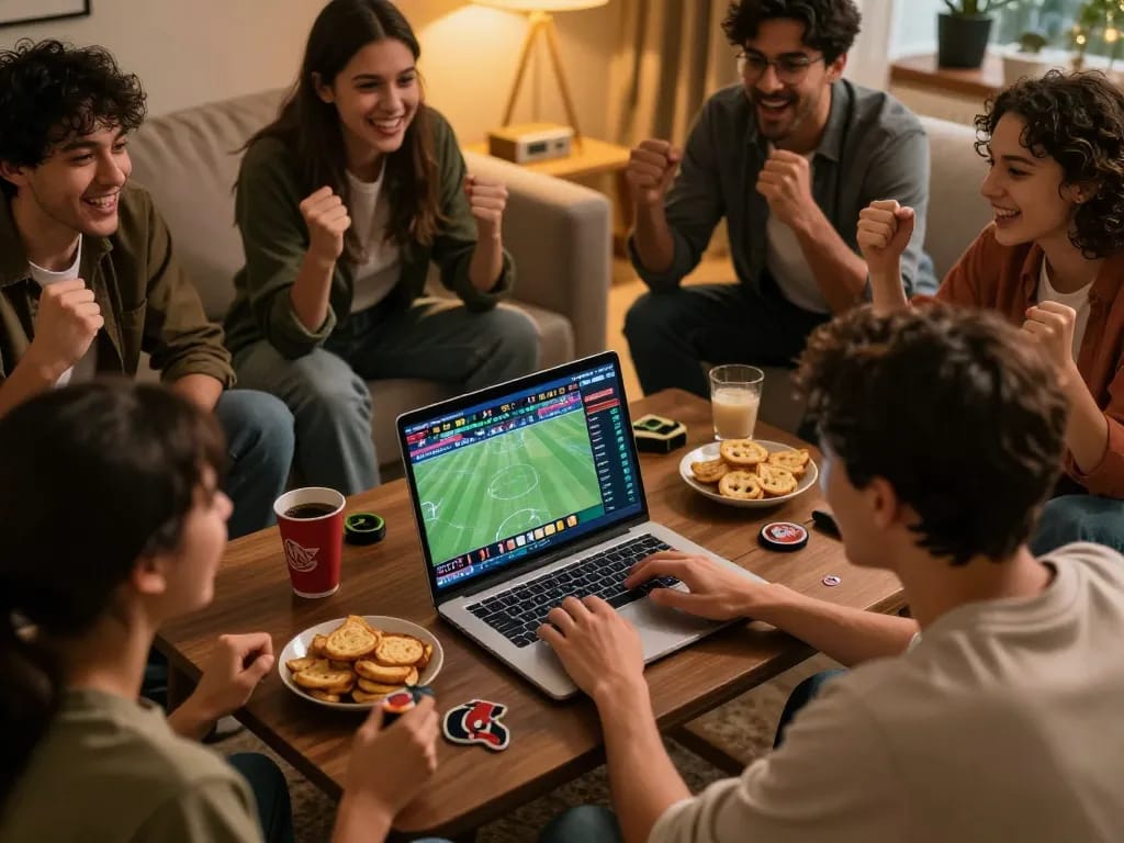 Engaged player exploring sports betting options on LV88's platform, surrounded by friends.