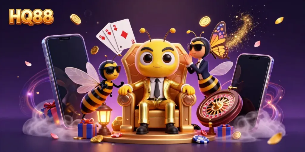 Experience thrilling gameplay with HQ88's dynamic casino scene, showcasing games and bonuses.