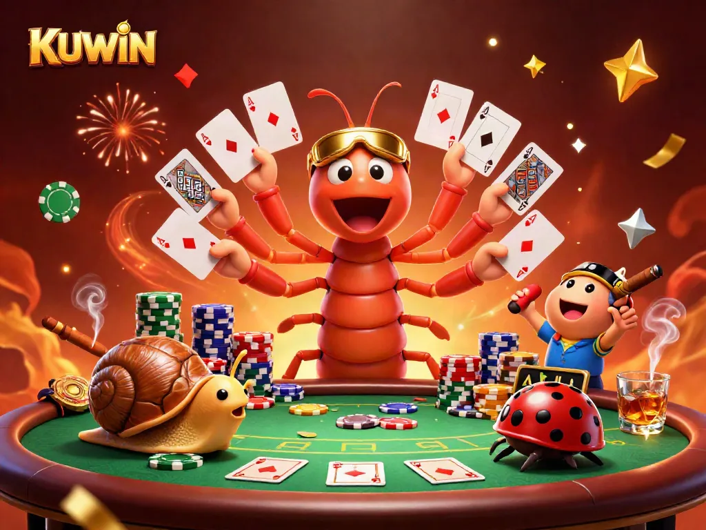 Experience an exciting scene of KAWIN's online gaming, with a playful millipede dealer managing colorful poker chips.