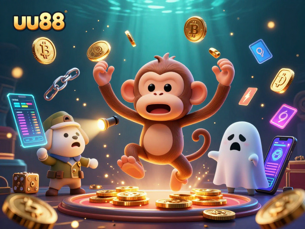 uu88 showcases a lively scene with a mischievous monkey and a ghost-hunter puppy in a haunted casino.