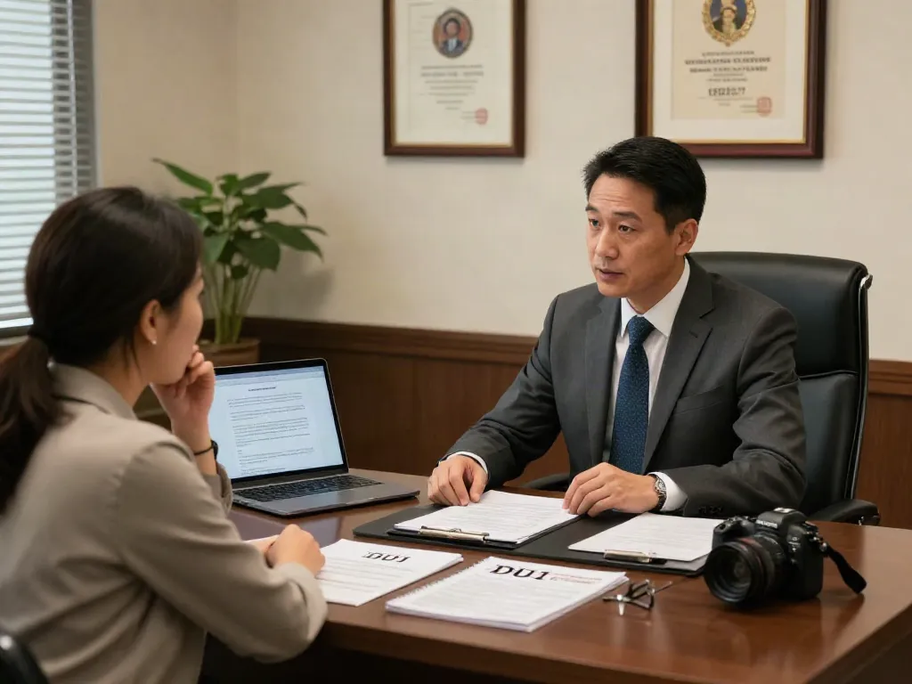 Cumming police DUI arrest consultation with an experienced Atlanta DUI lawyer and a concerned client in a modern law office.