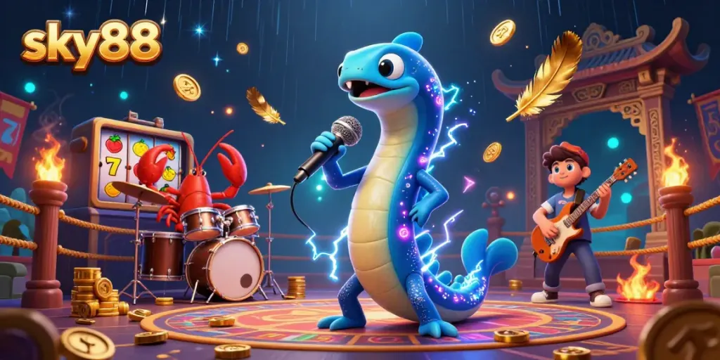 Experience the electrifying vibe at sky88 with an underwater casino featuring vibrant characters and slot machines.