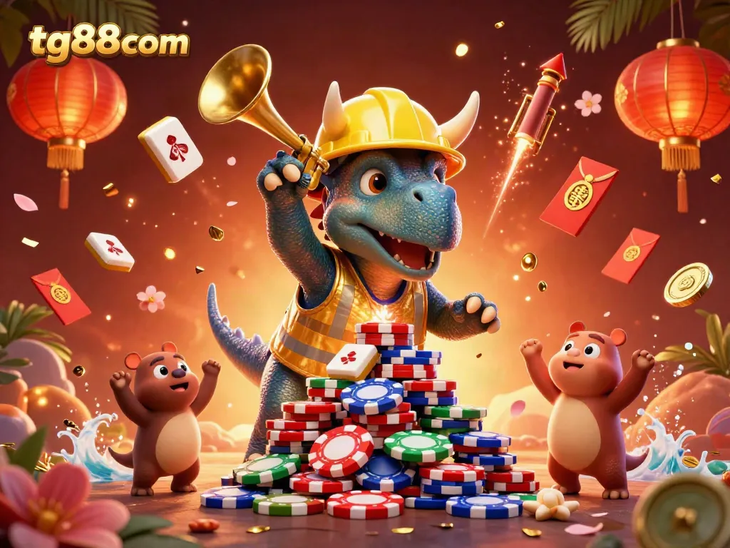 Engage with tg88com's exciting gaming atmosphere featuring celebratory characters in a vibrant casino scene.