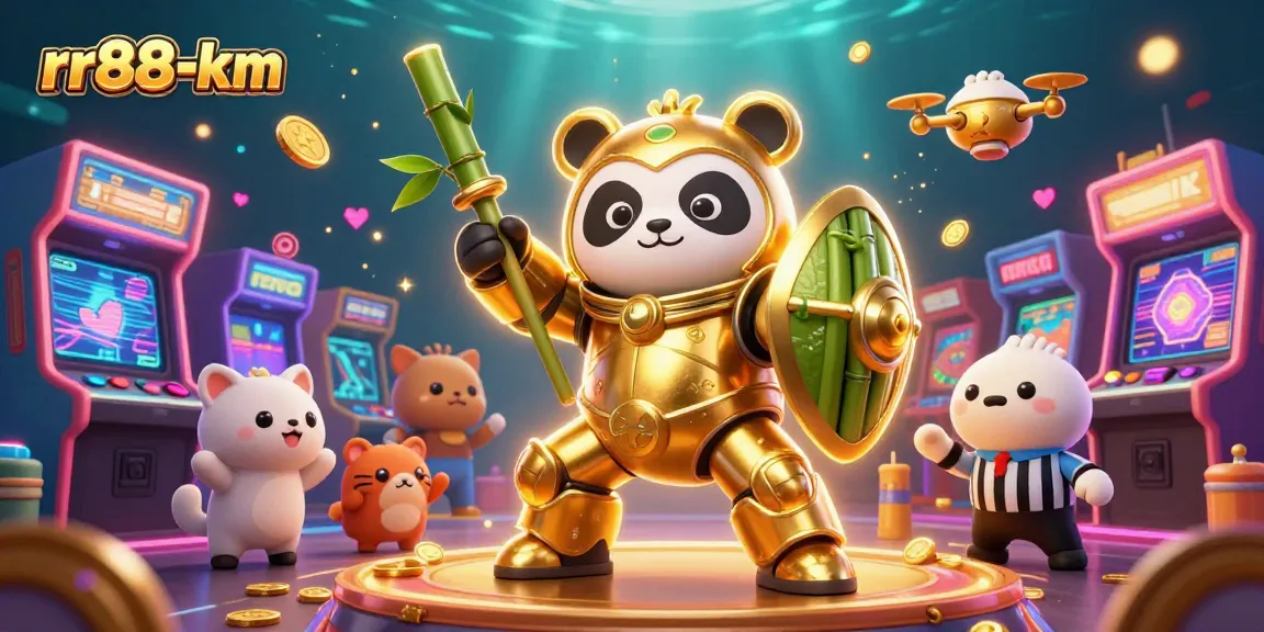 rr88-km showcases a golden panda robot in a lively casino scene, featuring gaming elements and vibrant colors.