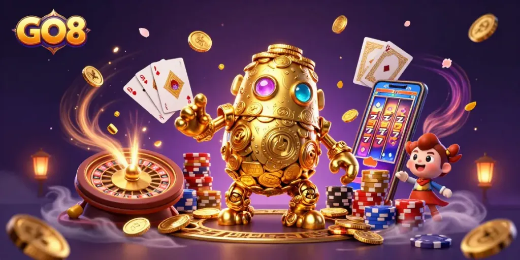 Experience the excitement of GO8 with a dynamic scene featuring a golden golem made of coins and vibrant casino elements.