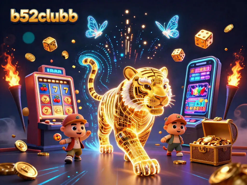 Engage with b52clubb's vibrant casino scene featuring a golden tiger and jackpot excitement.