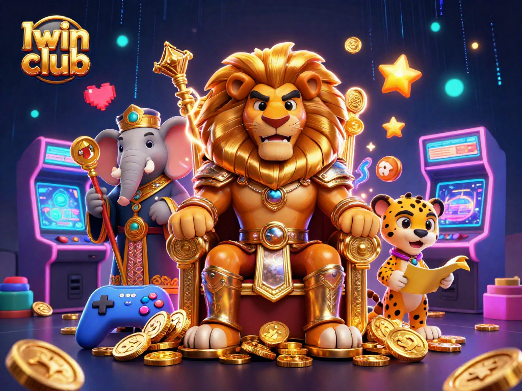 Iwin club brings vibrant casino action with a lion king, wise elephant, and fast cheetah in an energetic 3D scene.