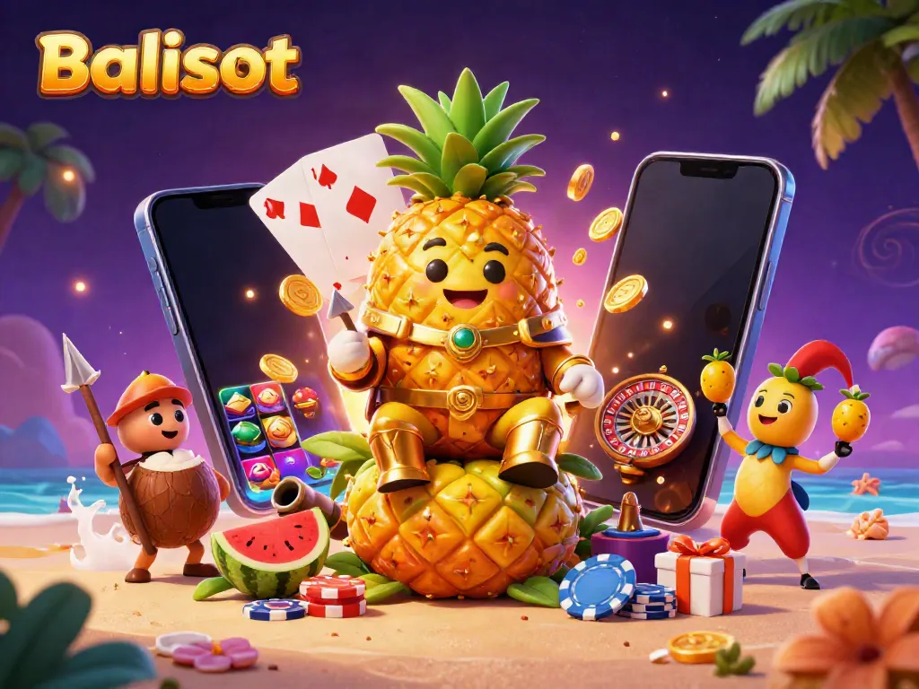 Engaging Balislot scene with a golden pineapple king and casino elements for players