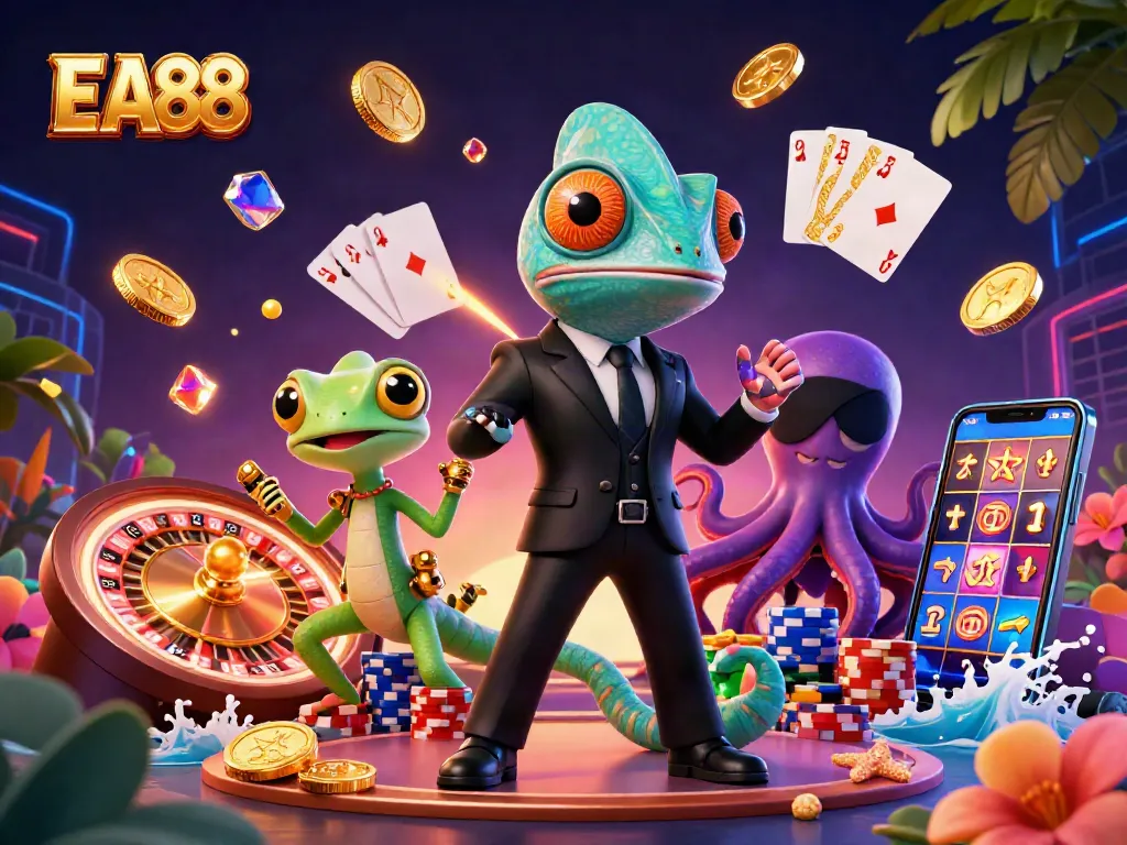 Experience diverse casino thrills with EA88, featuring colorful characters amidst dynamic game elements.