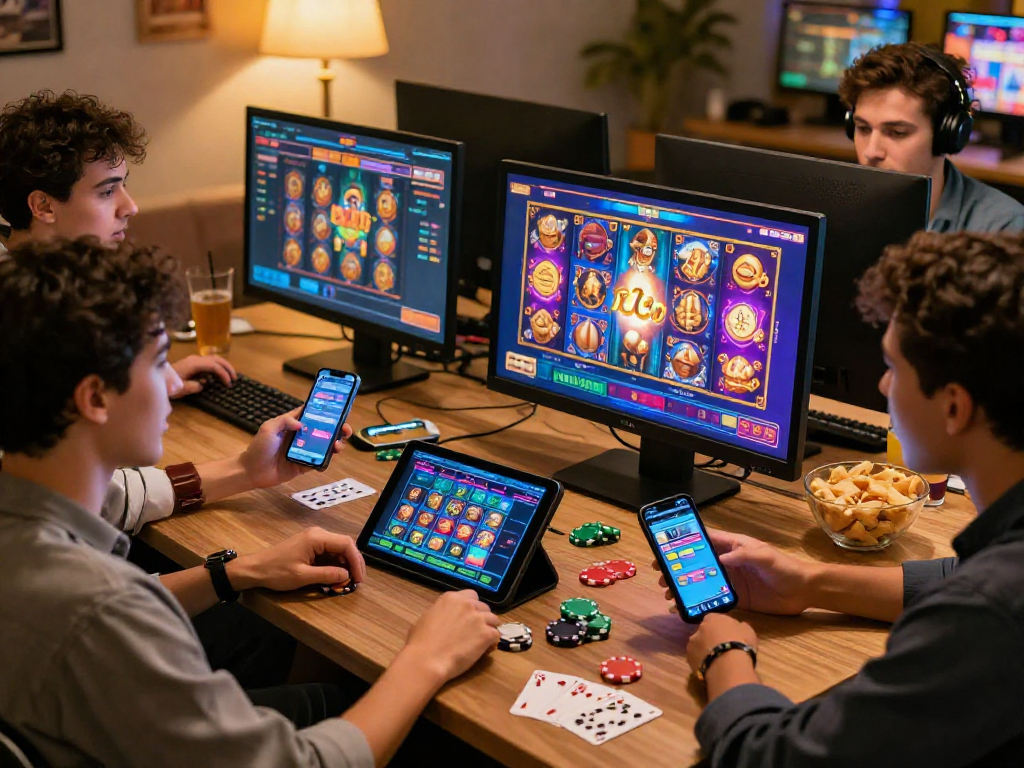 Friends enjoying a gaming session at home, exploring non GamStop casinos with exciting slot games and features
