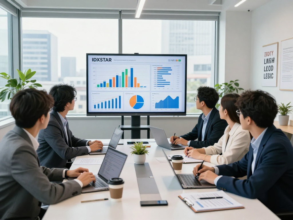 Team collaborating on IDXSTAR performance metrics in a modern office.