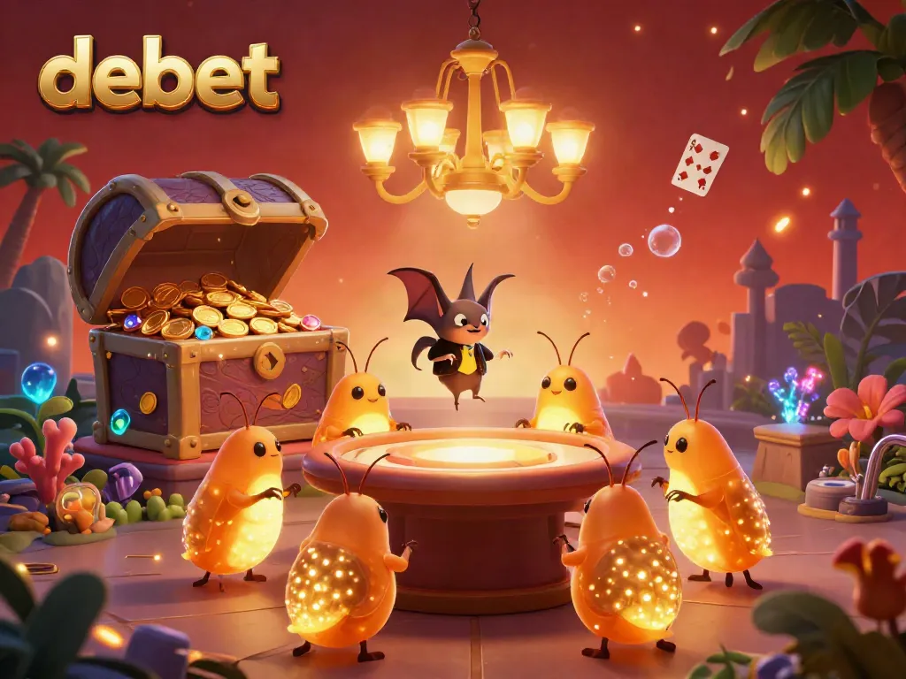 Experience debet's vibrant casino world with glowworms and a bat dealer, illuminating excitement.