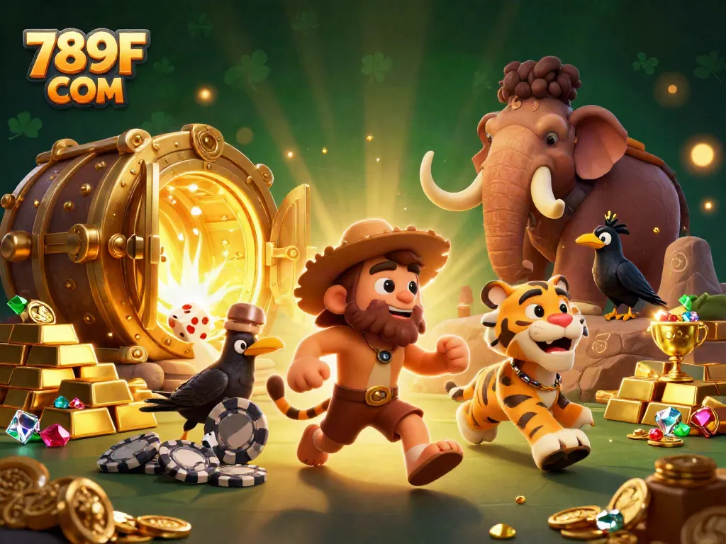 Experience the thrill of big wins at 789F COM with a lively prehistoric casino scene featuring treasure and excitement.