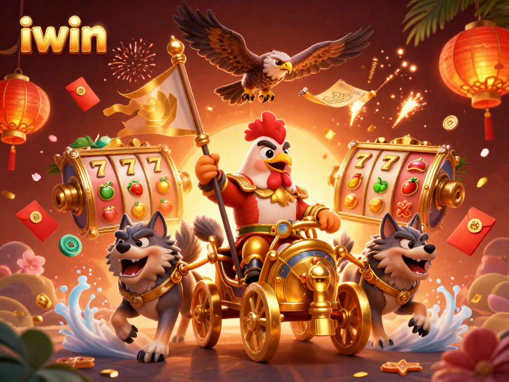 Play iwin with a vibrant 3D scene of a rooster warlord and dynamic casino elements